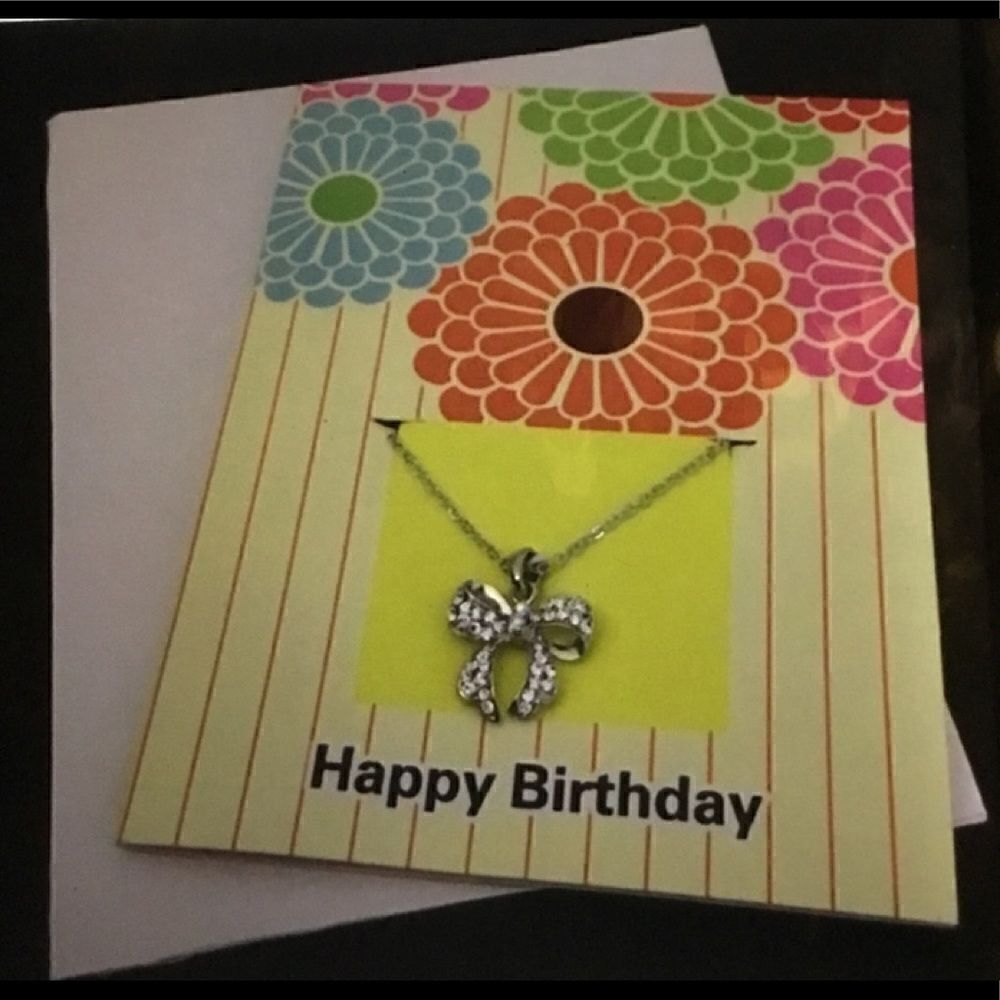Happy Birthday Card with CZ Bow Ribbon Necklace
